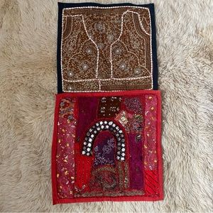 Set of Indian Art Pillow Covers Lot of Two Embroidered Beaded Decorative Cases
